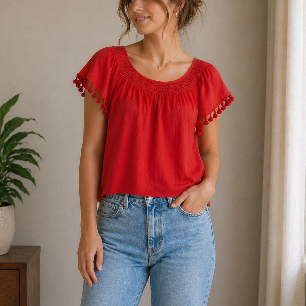 Moon River Red Tassel Sleeve Peasant Blouse